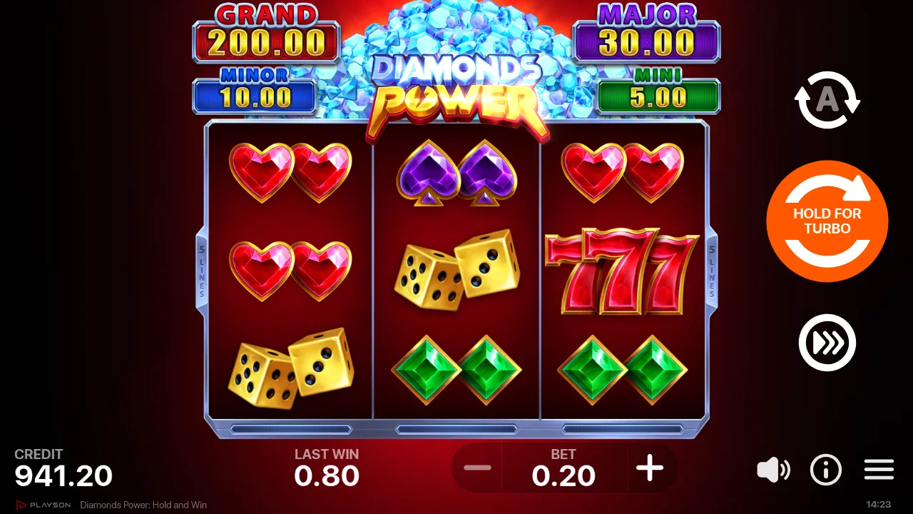 Diamonds Power base game at spin 200, all four jackpot meters: Grand 200, Major 30, Minor 10, Mini 5 (at $0.20 bet)