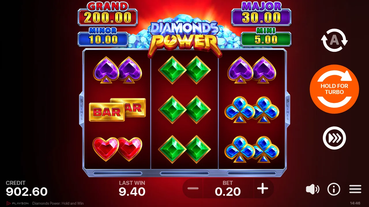 Diamonds Power: Hold and Win 3x3 base game grid at spin 600, balance $902.60 at $0.20 bet